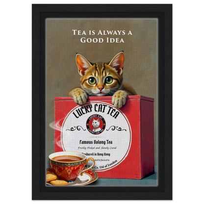 Tabby Lucky Cat Tea Vintage Kitchen Art Print Black Wood frame 20x30 cm 8x12″ Framed Canvas