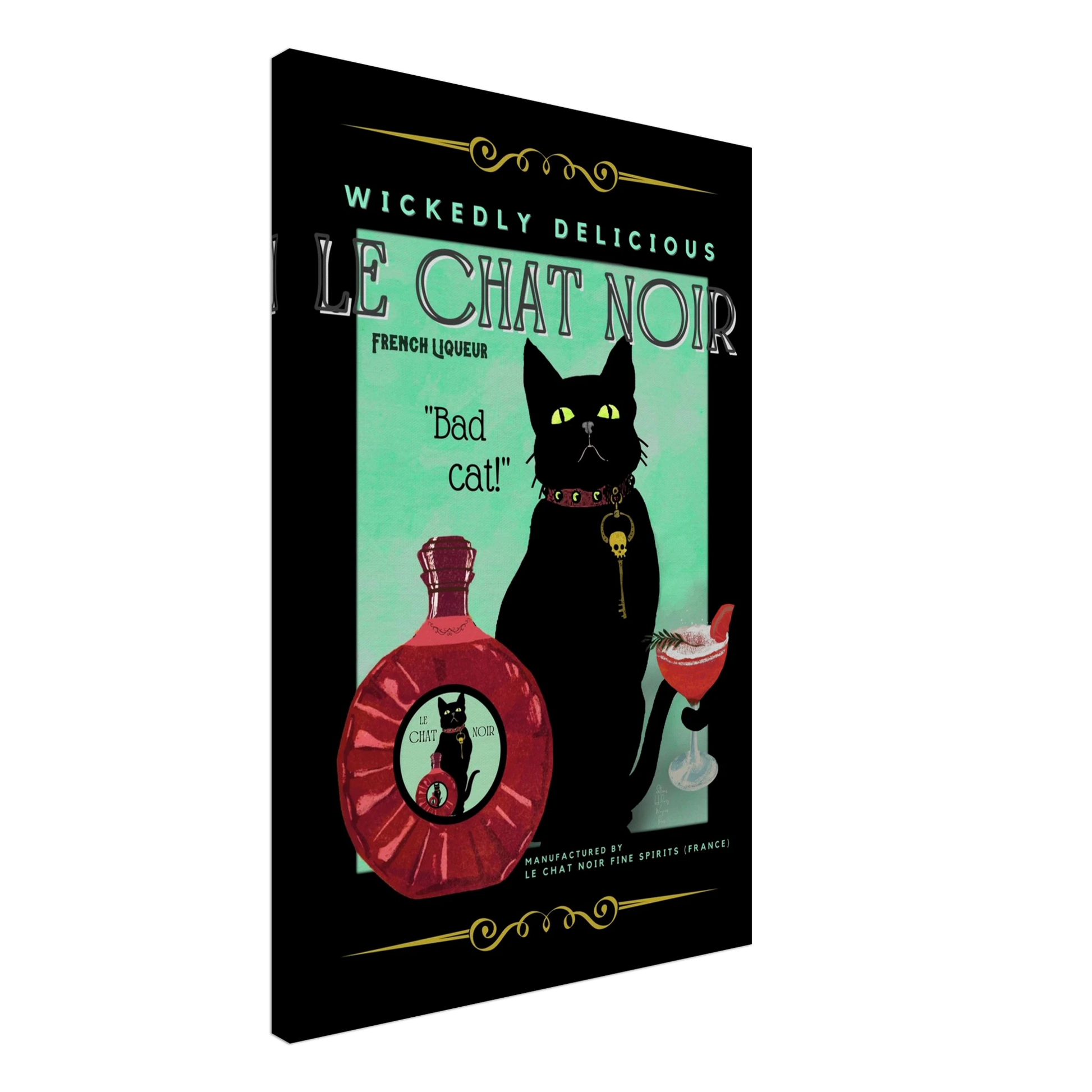 Black Cat Cocktail French Art Deco Print 60x90 cm 24x36″ Gallery Wrapped Canvas No Frame
