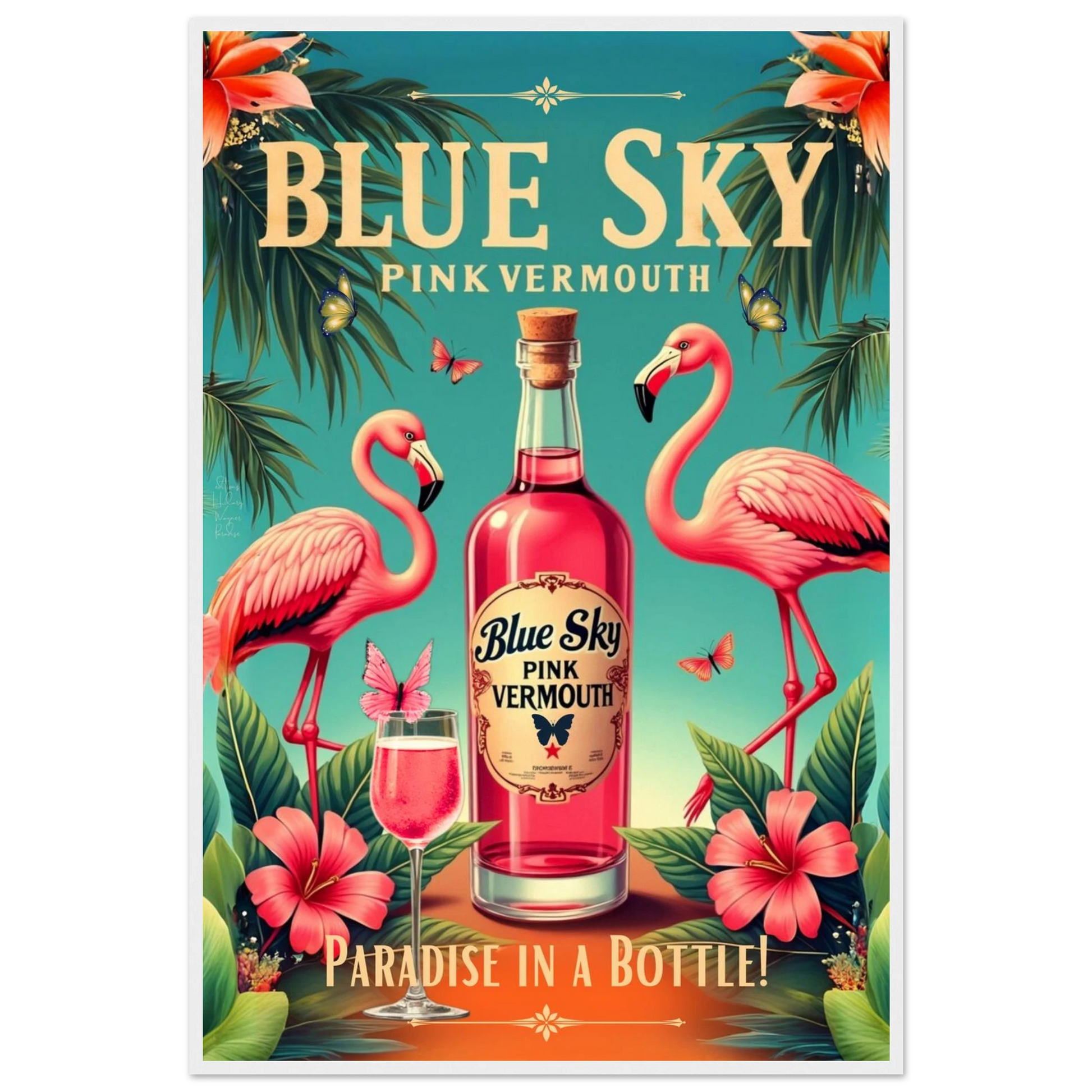 Vintage Pink Flamingo Tiki Bar Art Print 60x90 cm 24x36″ Premium Matte Paper Wooden Framed Poster White Wood Frame