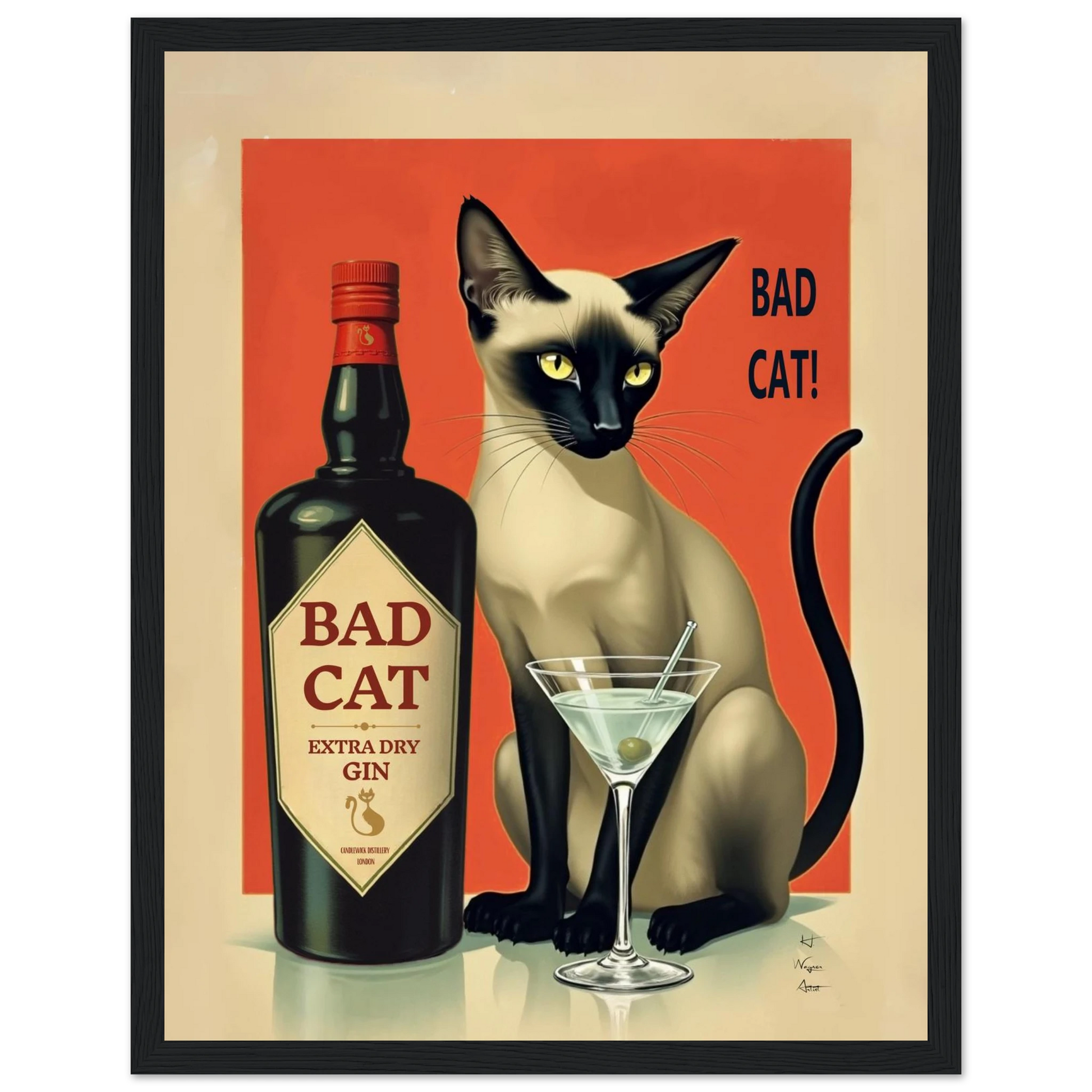 Siamese Cat Gin Martini Cocktail Art Print