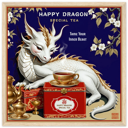 Happy Dragon Tea Art Print 40x40 cm 16x16″ Premium Matte Paper Wooden Framed Poster Light Wood Frame