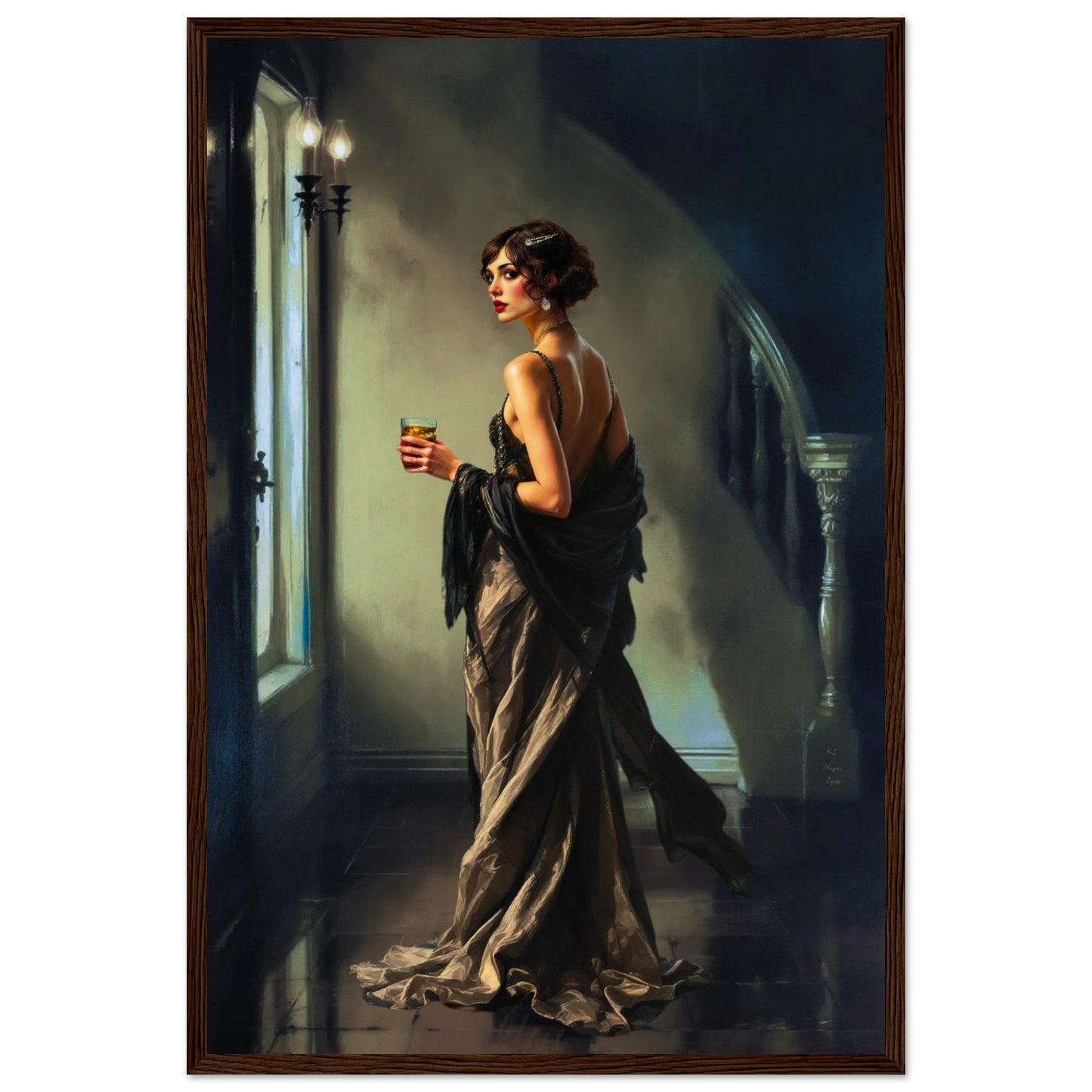 Art Deco Flapper Speakeasy Fine Art Print Dark Brown Wood Frame 40x60 cm 16x24″ Museum-Quality Matte Framed Poster