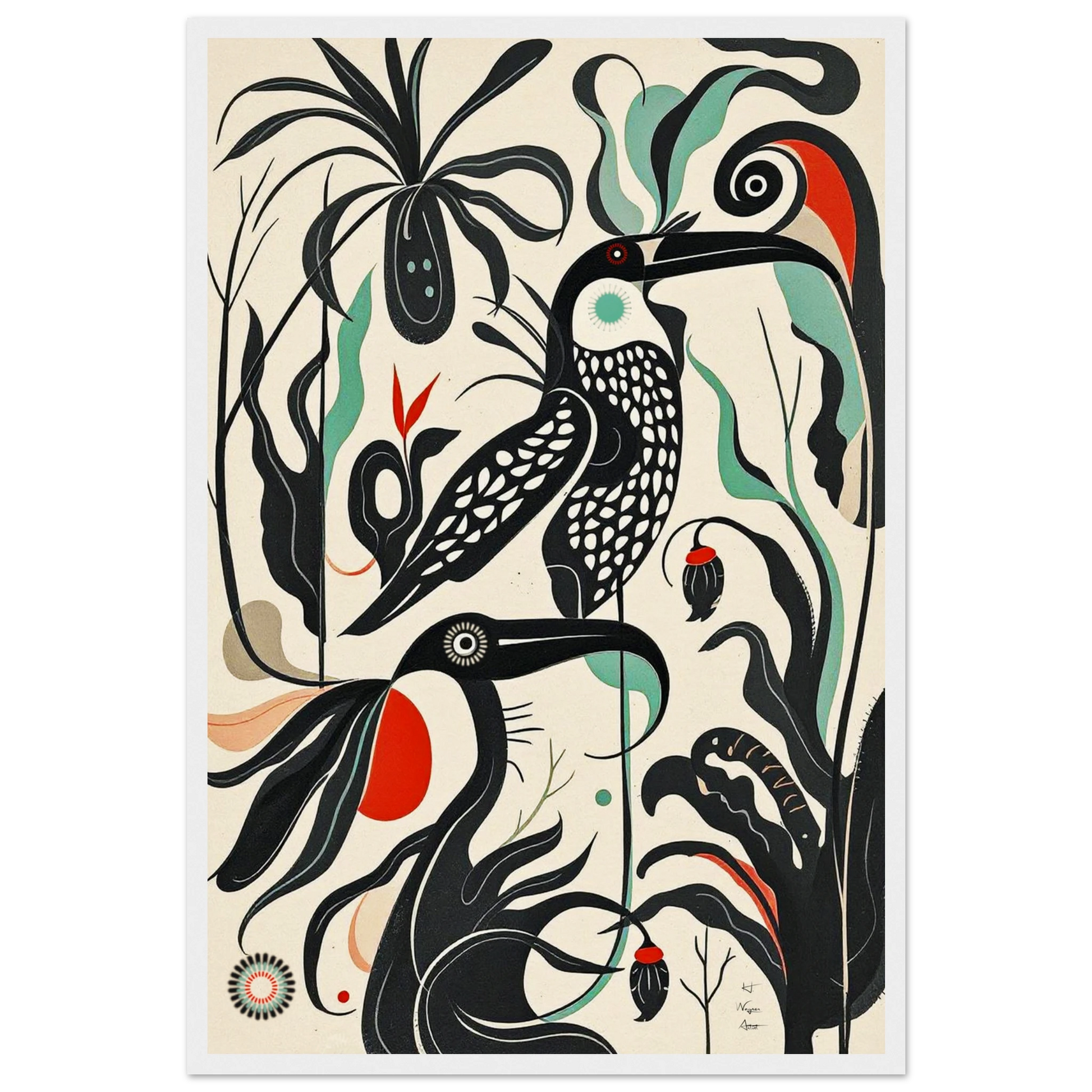 Mid-Century Modern Tropical Bird Art Print White Wood Frame 40x60 cm 16x24″ Museum-Quality Matte Wooden Framed Poster