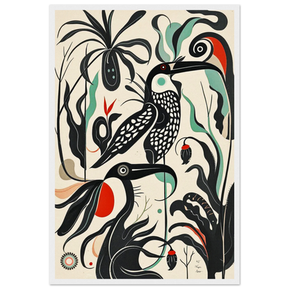 Mid-Century Modern Tropical Bird Art Print White Wood Frame 40x60 cm 16x24″ Museum-Quality Matte Wooden Framed Poster