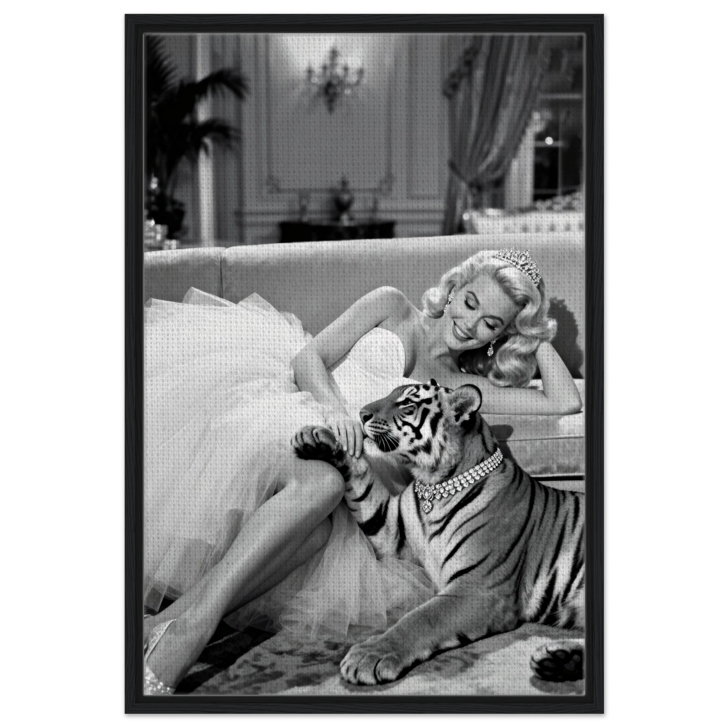 Vintage Hollywood Starlet Tiger Art Print 60x90 cm 24x36″ Framed Canvas - Black Wood