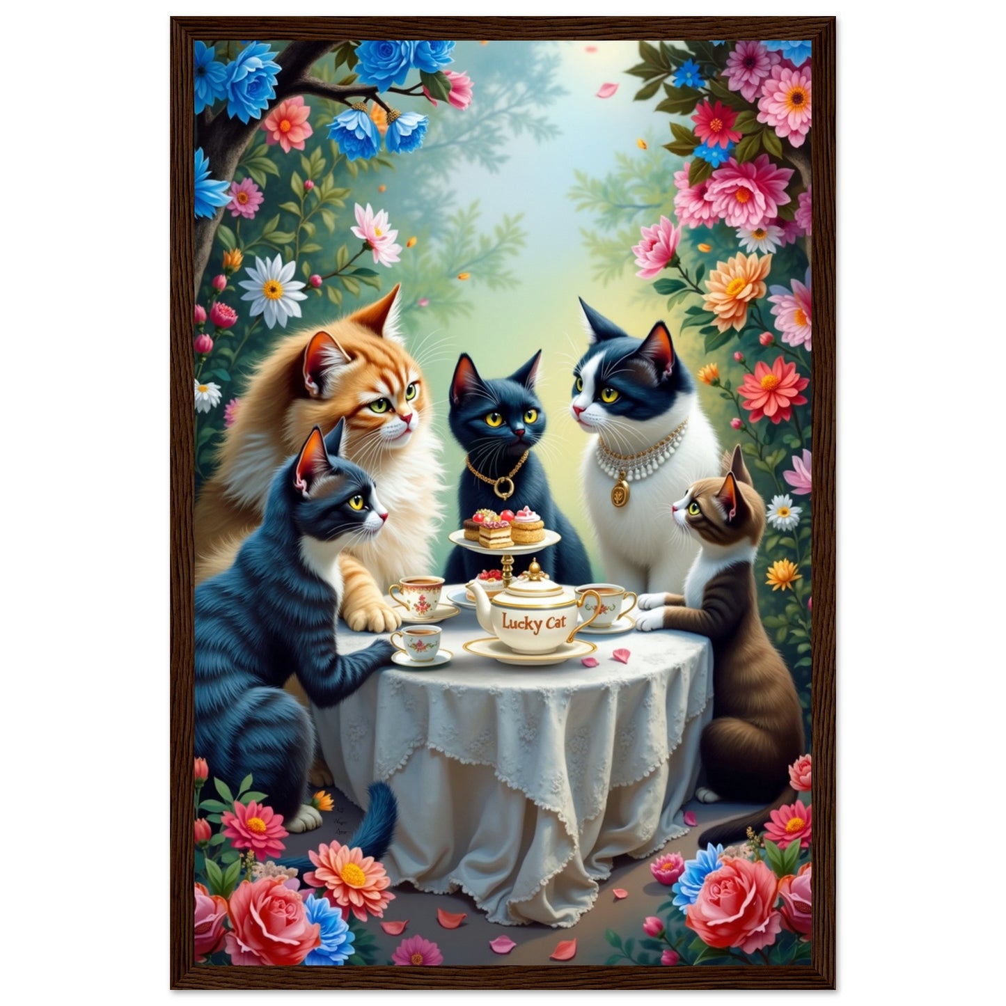 Lucky Cat Garden Tea Party Kitchen Art Print Dark Brown Wood Frame 30x45 cm 12x18″ Classic Matte Paper Wooden Framed Poster