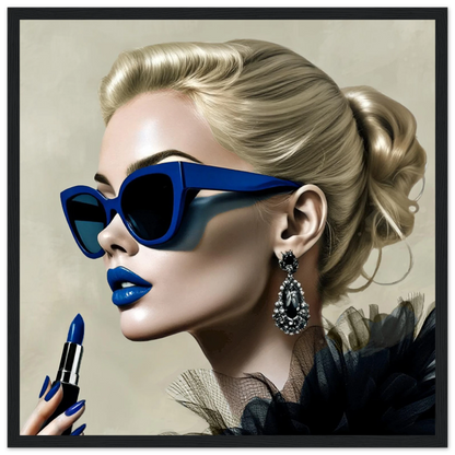 Retro Fashion Model Blue Lipstick Art Print 40x40 cm 16x16″ Premium Matte Paper Wooden Framed Poster