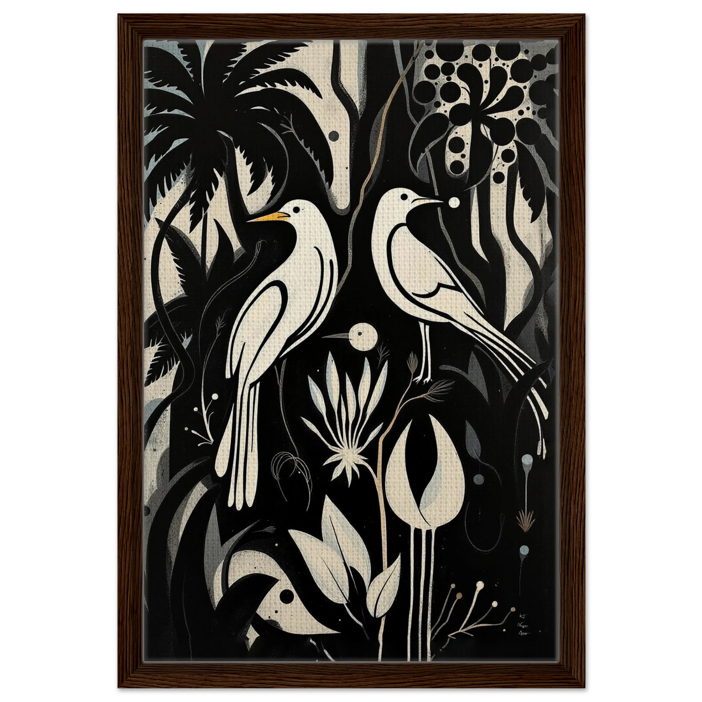 Black & White Minimalist Bird Art Print Dark Brown Wood Frame 40x60 cm 16x24″ Framed Canvas
