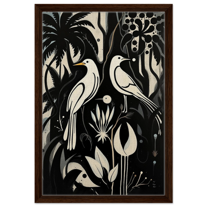 Black & White Minimalist Bird Art Print Dark Brown Wood Frame 40x60 cm 16x24″ Framed Canvas