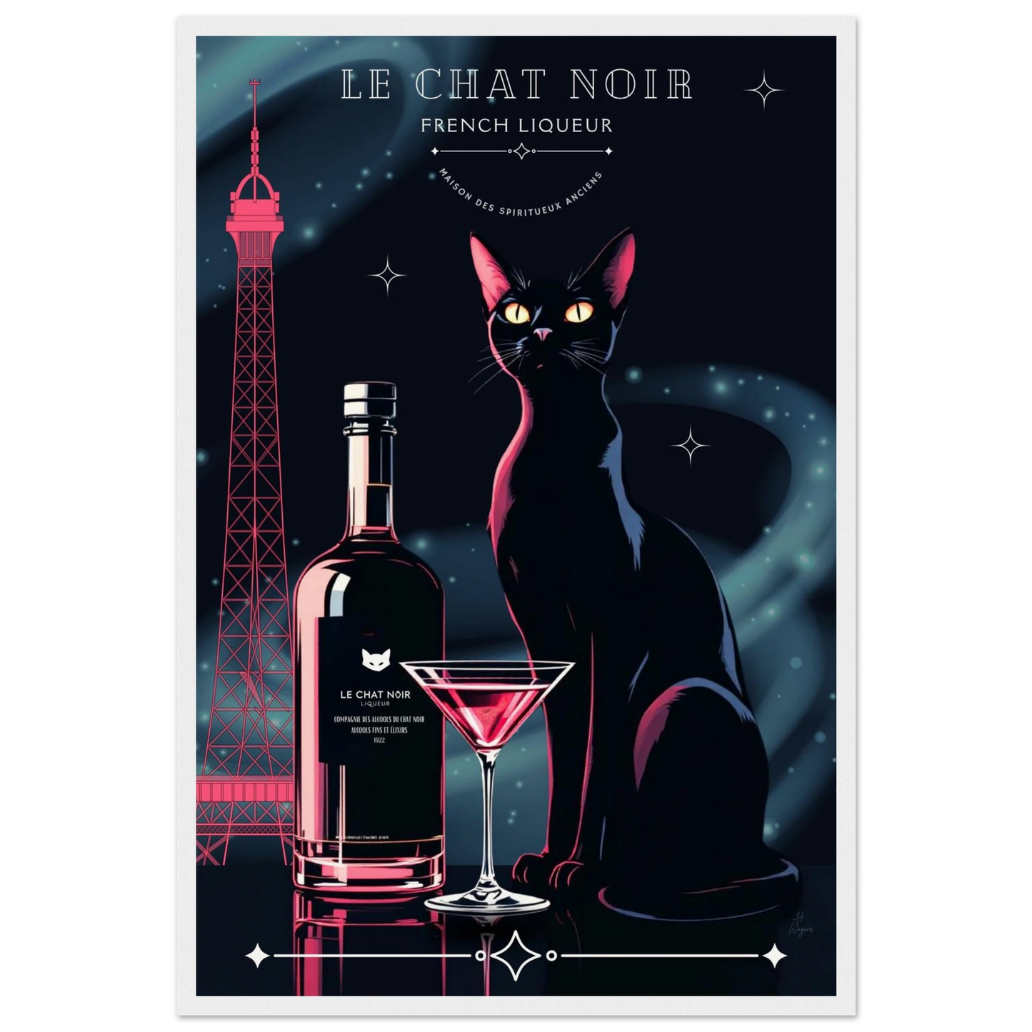 Art Deco Le Chat Noir French Black Cat Art Print 40x60 cm 16x24″ Museum-Quality Matte Paper Wooden Framed Poster White frame