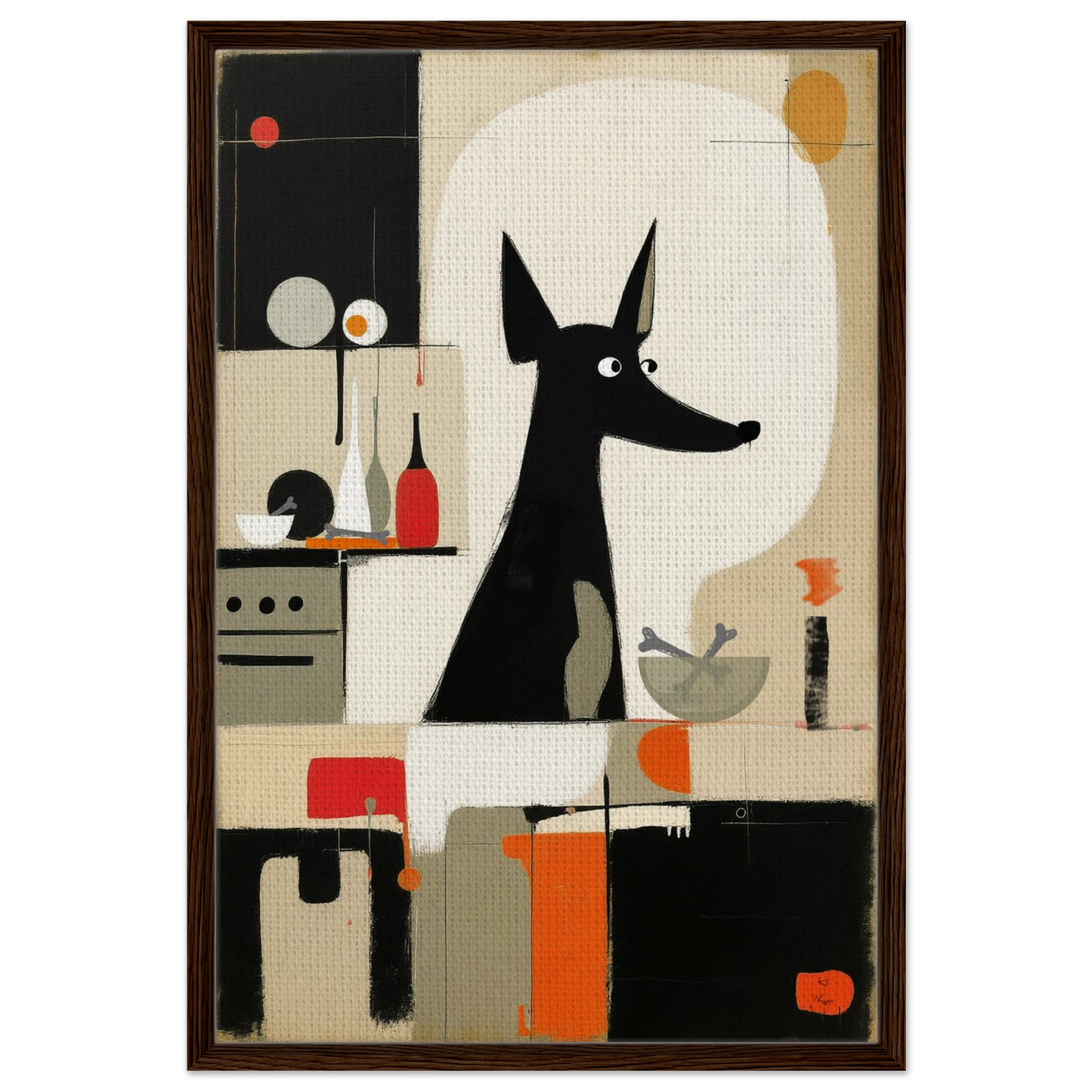 Modern Quirky Abstract Dog Art Print Dark Brown Wood Frame 60x90 cm 24x36″ Framed Canvas