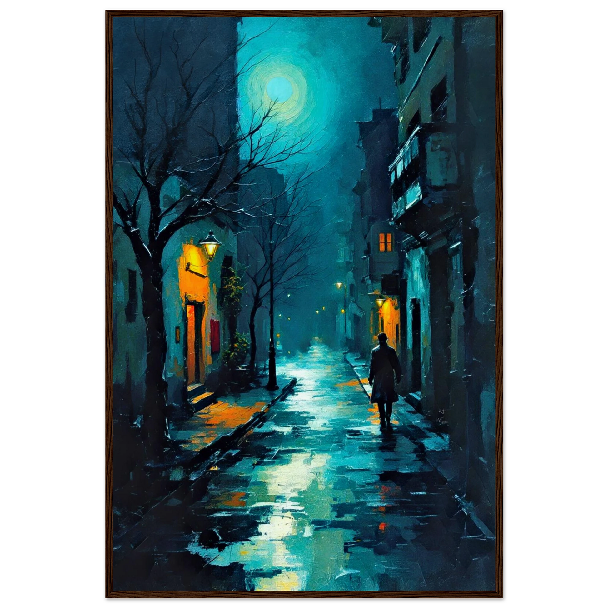 Blue Moon Night Street Scene Art Print 60x90 cm 24x36″ Museum-Quality Matte Framed Poster Dark Brown Wood Frame