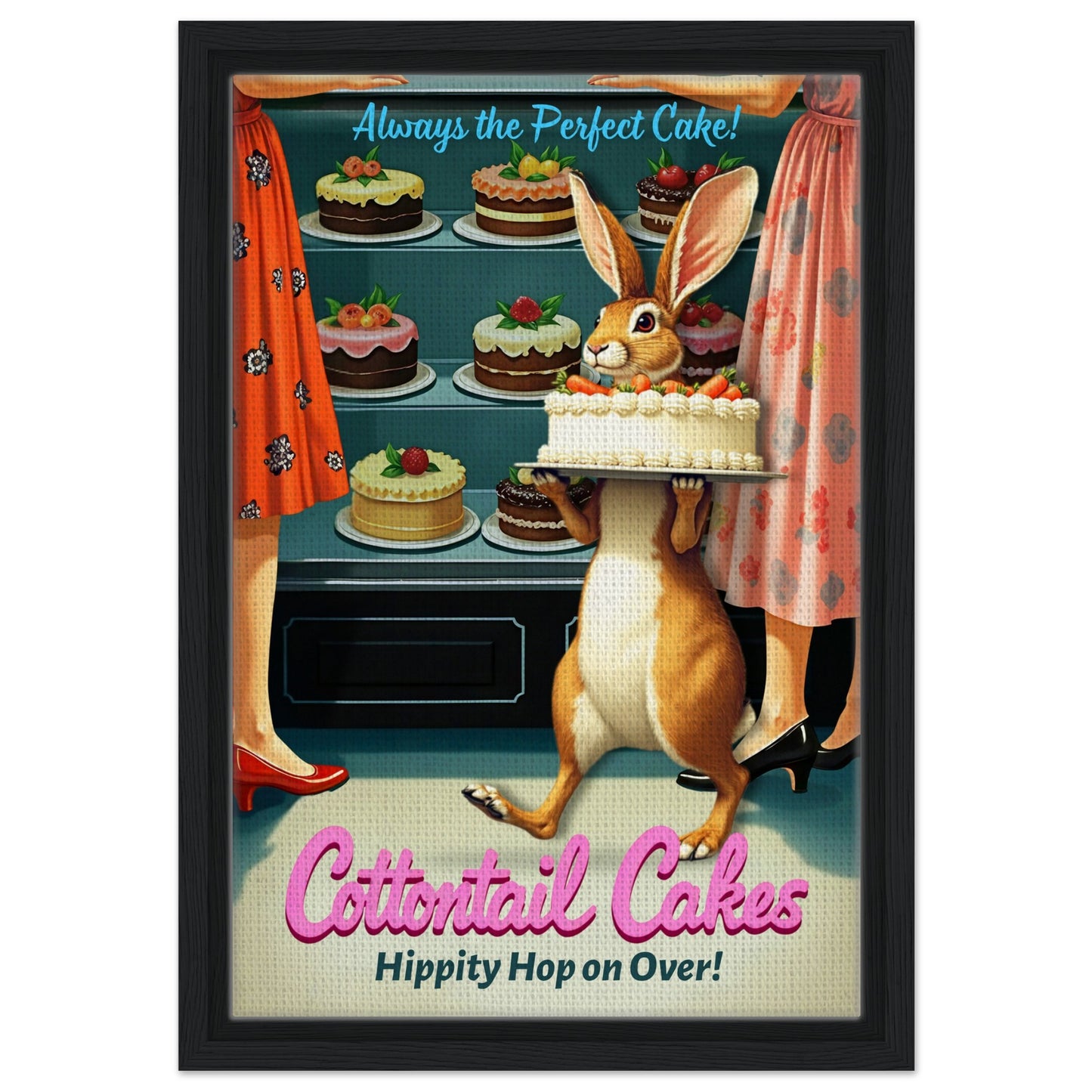 Cottontail Cakes 1950s Rabbit Art Print 30x45 cm 12x18″ Framed Canvas - Black Wood