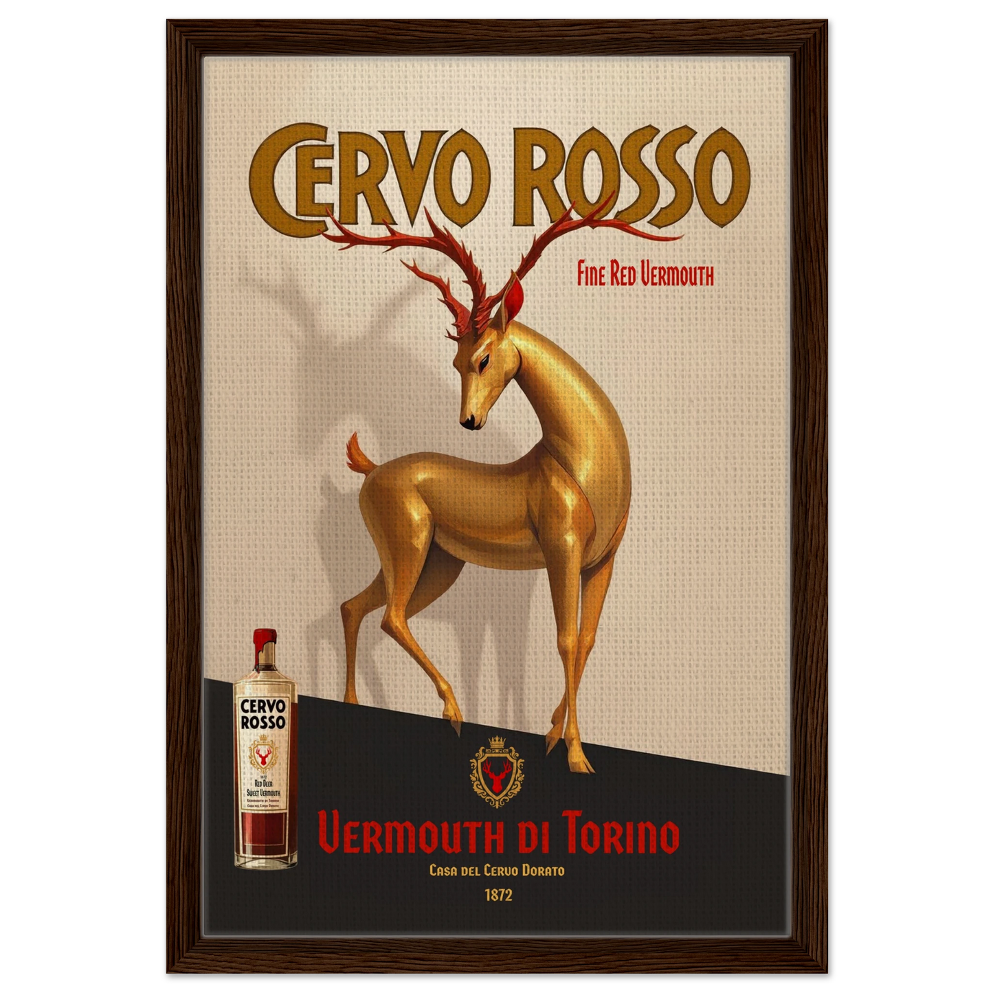 Art Deco Golden Deer Cocktail Bar Poster Print 40x60 cm 16x24″ Framed Canvas Dark Brown Wood Frame