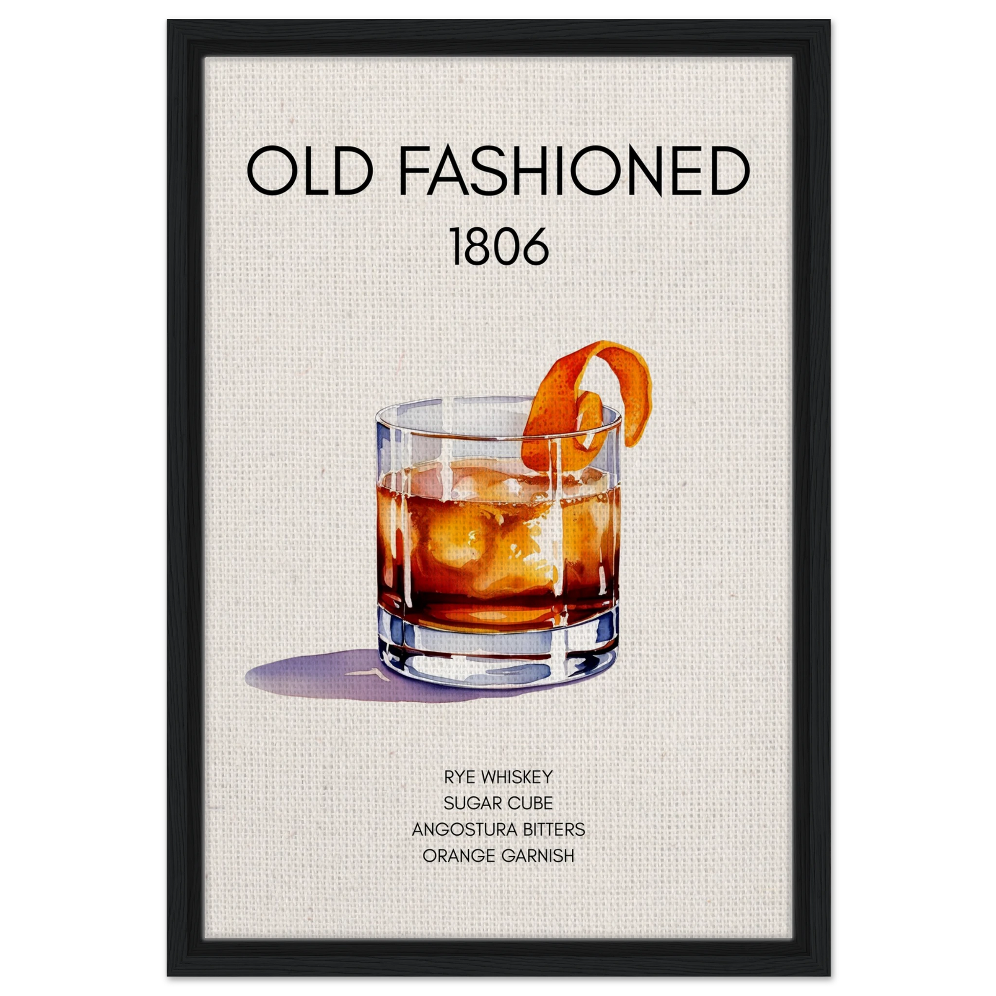 Classic Old Fashioned Cocktail Bar Art Print Black Wood Frame 40x60 cm 16x24″ Framed Canvas