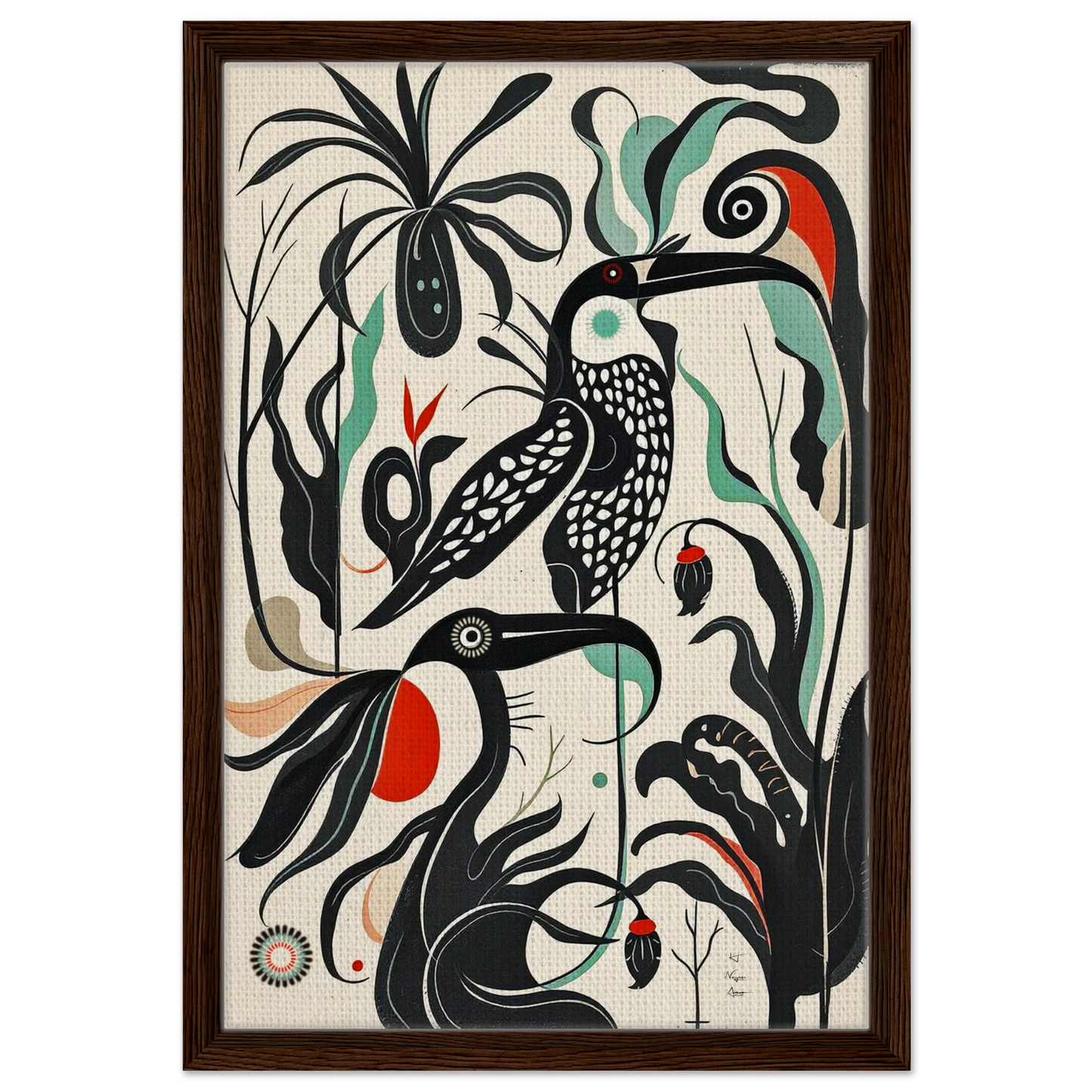 Mid-Century Modern Tropical Bird Art Print Dark Brown Wood Frame 40x60 cm 16x24″ Framed Canvas