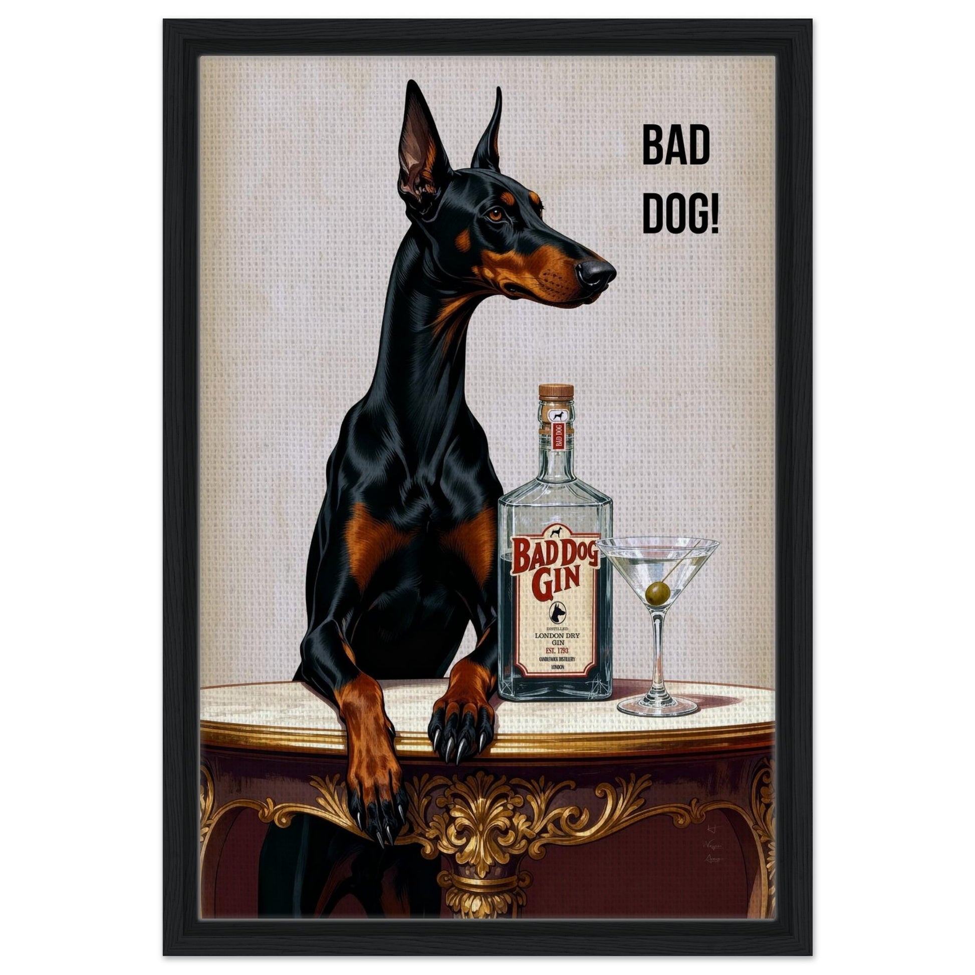 Bad Dog Gin Cocktail Bar Art Print 40x60 cm 16x24″ Framed Canvas Black Wood Frame