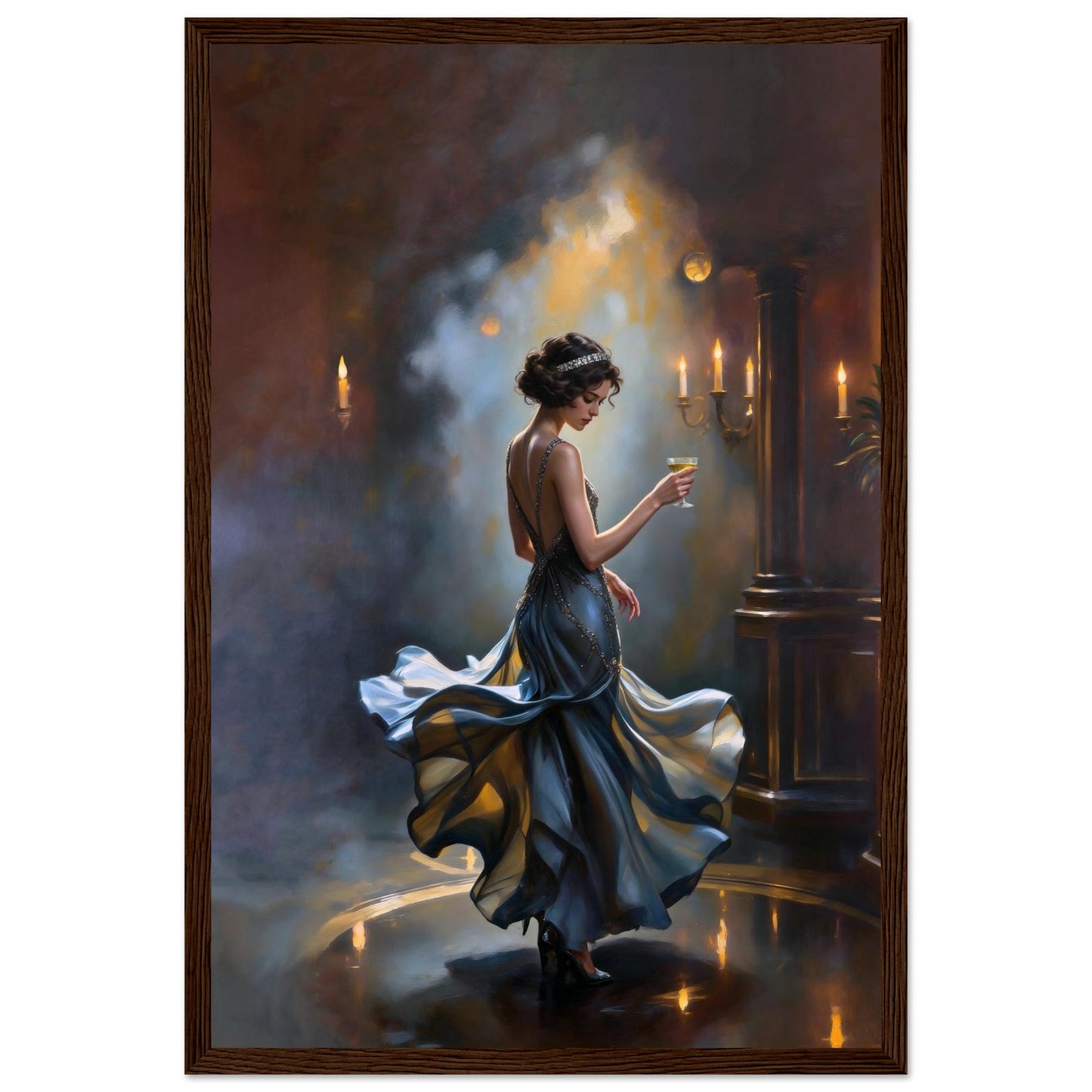 1920s Speakeasy Dancing Flapper Art Deco Print 12x18″ Museum-Quality Matte Framed Poster - Dark Brown Wood