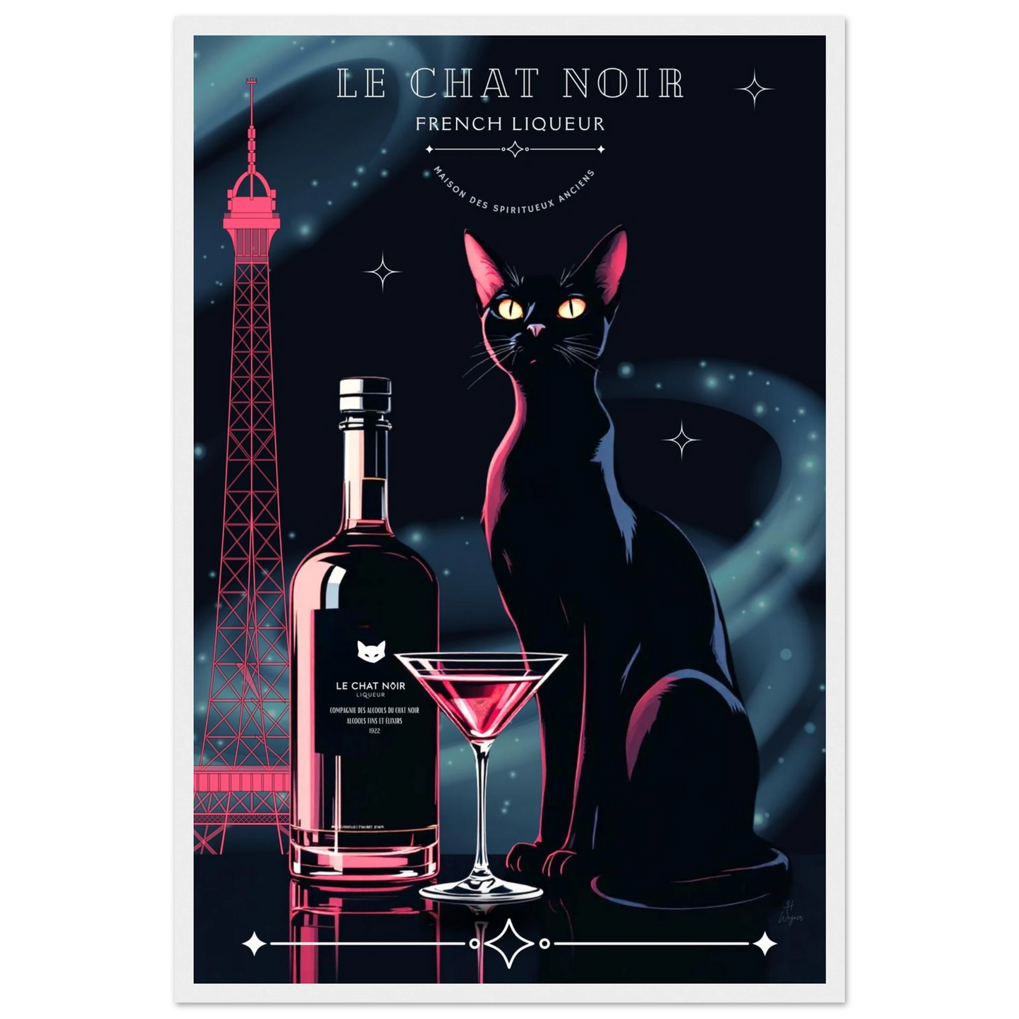 Art Deco Le Chat Noir French Black Cat Art Print 40x60 cm 16x24″ Premium Matte Paper Wooden Framed Poster White frame