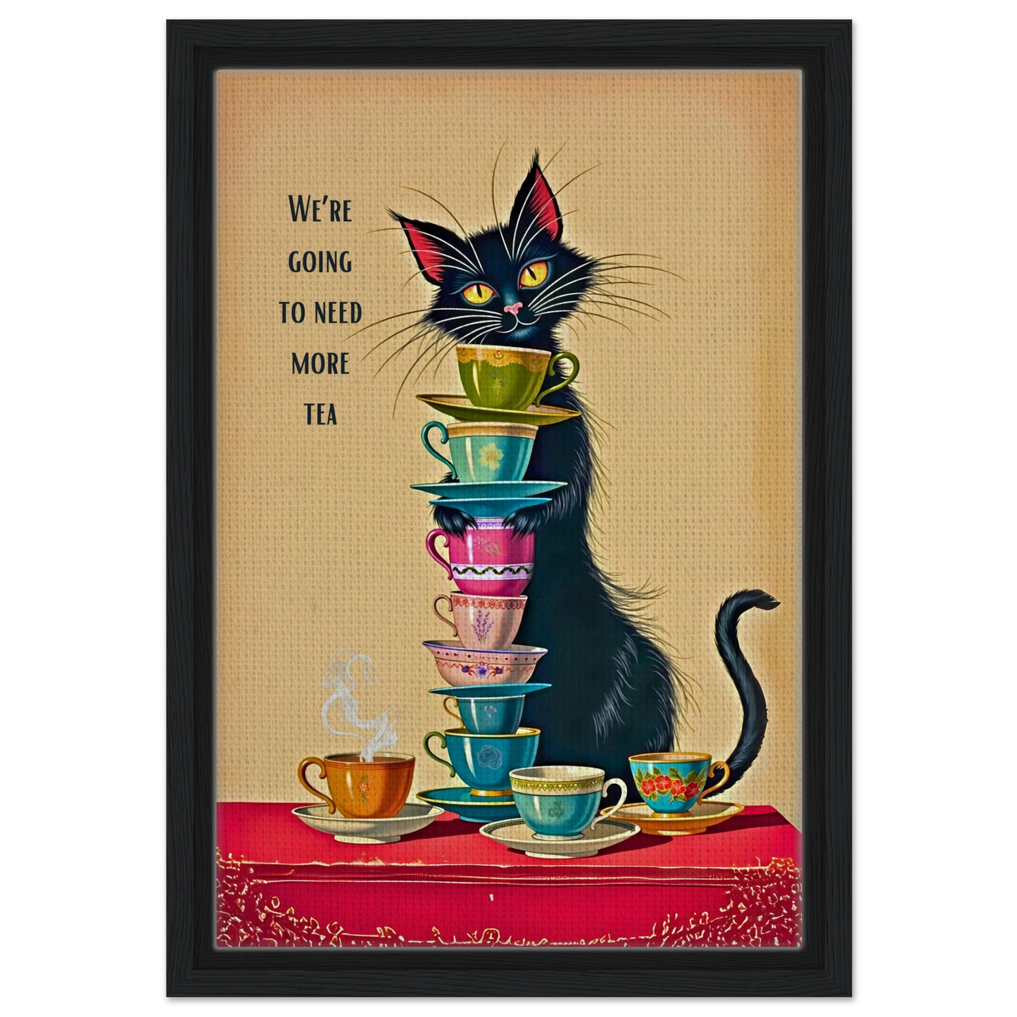 Quirky Cat Funny Tea Art Print 30x45 cm 12x18″ Framed Canvas Black Wood frame
