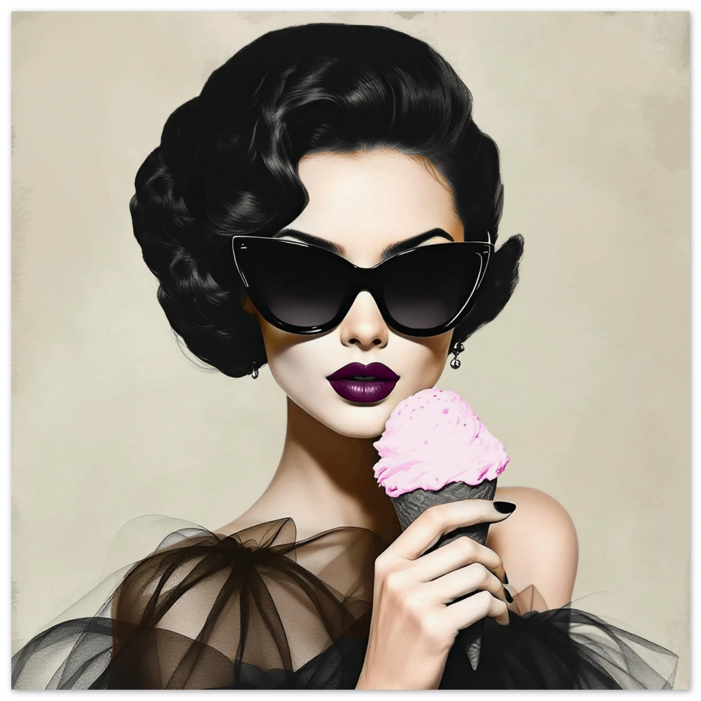 Retro Fashion Model Ice Cream Art Print 70x70 cm 28x28″ Museum-Quality Matte Paper Poster