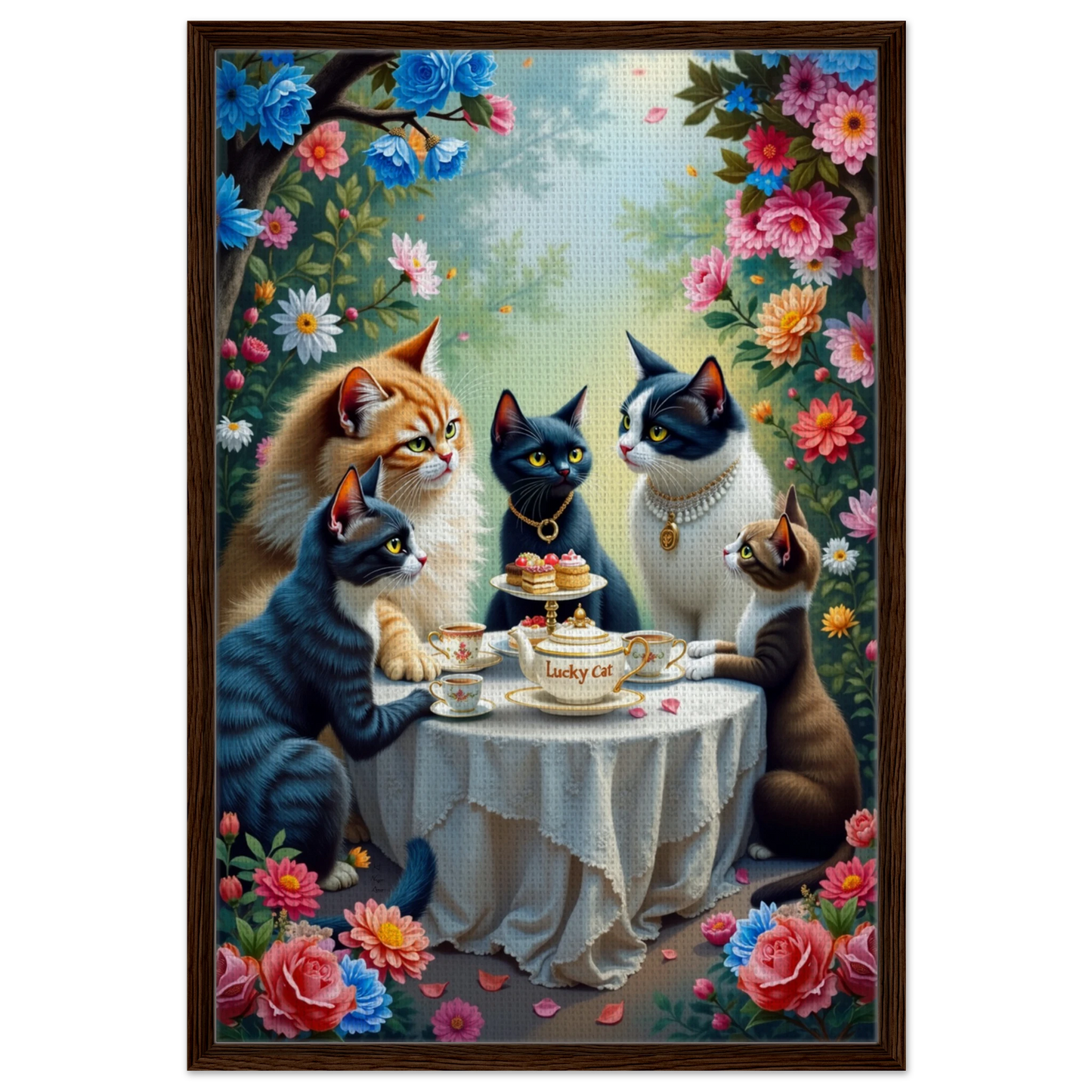 Lucky Cat Tea Party Botanical Art Print 60x90 cm 24x36″ Framed Canvas Dark Brown Wood Frame