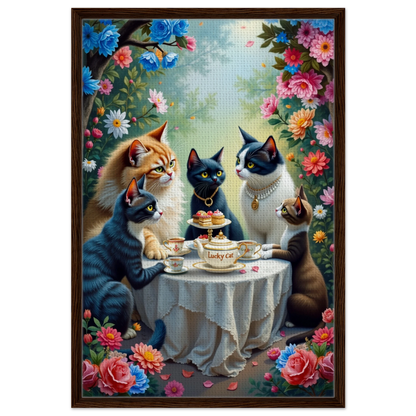 Lucky Cat Tea Party Botanical Art Print 60x90 cm 24x36″ Framed Canvas Dark Brown Wood Frame