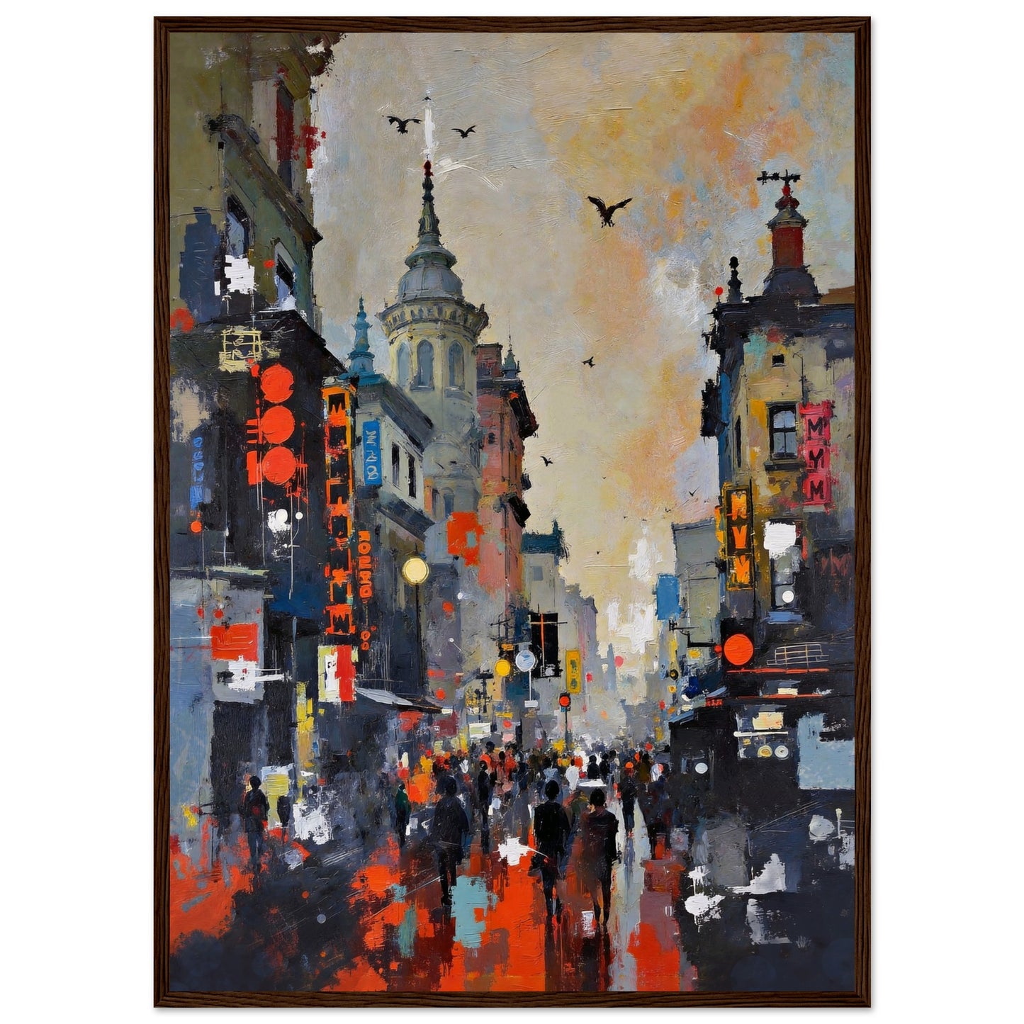 Gothic City Street Art Print - European Cityscape 50x70 cm 20x28″ Museum-Quality Matte Framed Poster - Dark Brown Wood