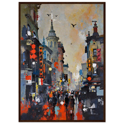 Gothic City Street Art Print - European Cityscape 50x70 cm 20x28″ Museum-Quality Matte Framed Poster - Dark Brown Wood