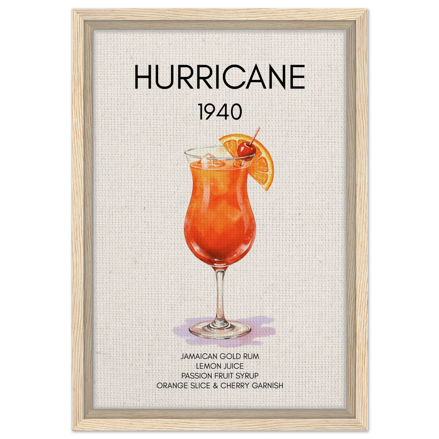 Hurricane Cocktail Bar Poster Print Light Wood Frame 30x45 cm 12x18″ Framed Canvas