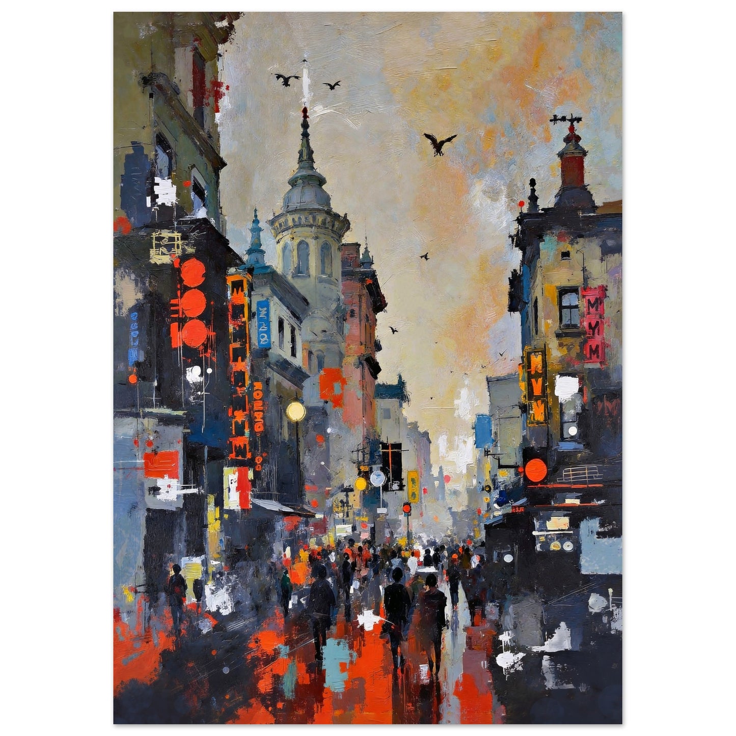 Gothic City Street Art Print - European Cityscape 30x45 cm 12x18″ Classic Matte Framed Poster - Black Wood