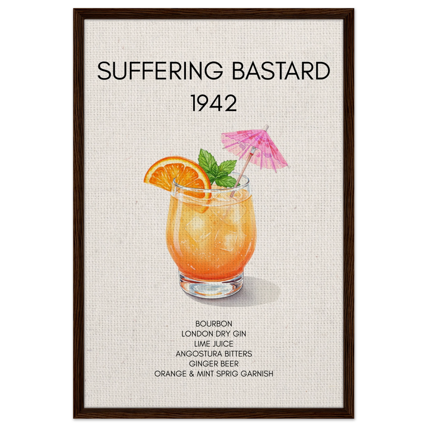 Suffering Bastard Tiki Cocktail Bar Poster Print Dark Brown Wood Frame 60x90 cm 24x36″ Framed Canvas