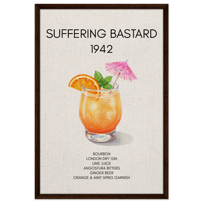Suffering Bastard Tiki Cocktail Bar Poster Print Dark Brown Wood Frame 60x90 cm 24x36″ Framed Canvas
