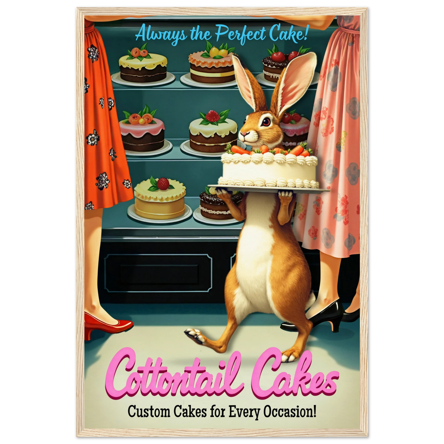 Cottontail Rabbit Bakery 1950s Kitchen Print Light Wood Frame 40x60 cm 16x24″ Museum-Quality Matte Framed Poster