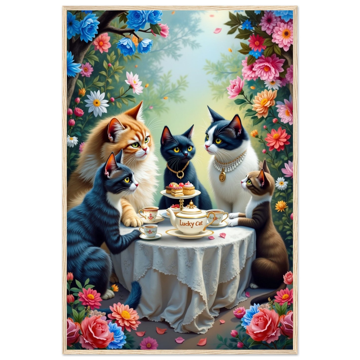 Lucky Cat Garden Tea Party Kitchen Art Print Light Wood Frame 60x90 cm 24x36″ Classic Matte Paper Wooden Framed Poster