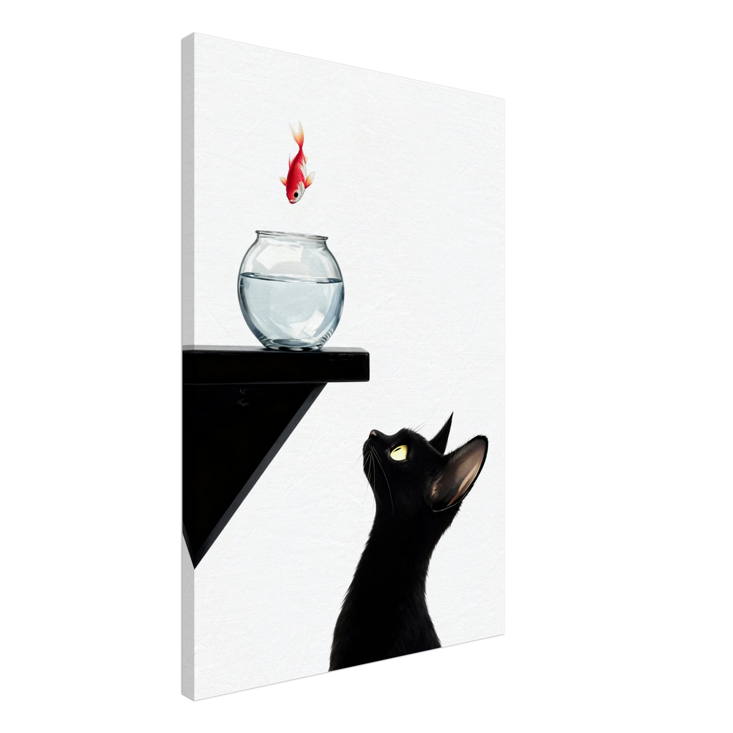 Curious Black Cat Goldfish Minimalist Art Print 60x90 cm 24x36″ Gallery Wrapped Canvas