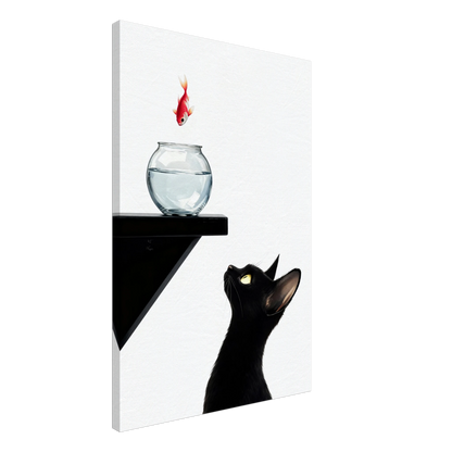 Curious Black Cat Goldfish Minimalist Art Print 60x90 cm 24x36″ Gallery Wrapped Canvas