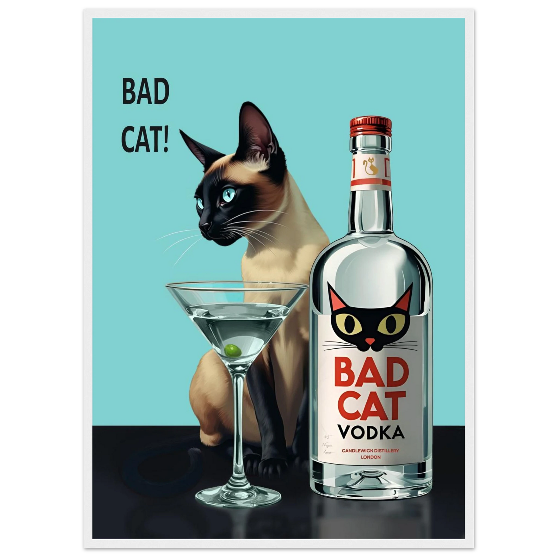 Siamese Cat Retro Martini Cocktail Bar Art Print Black Wood Frame 60x90 cm 24x36″ Framed Canvas