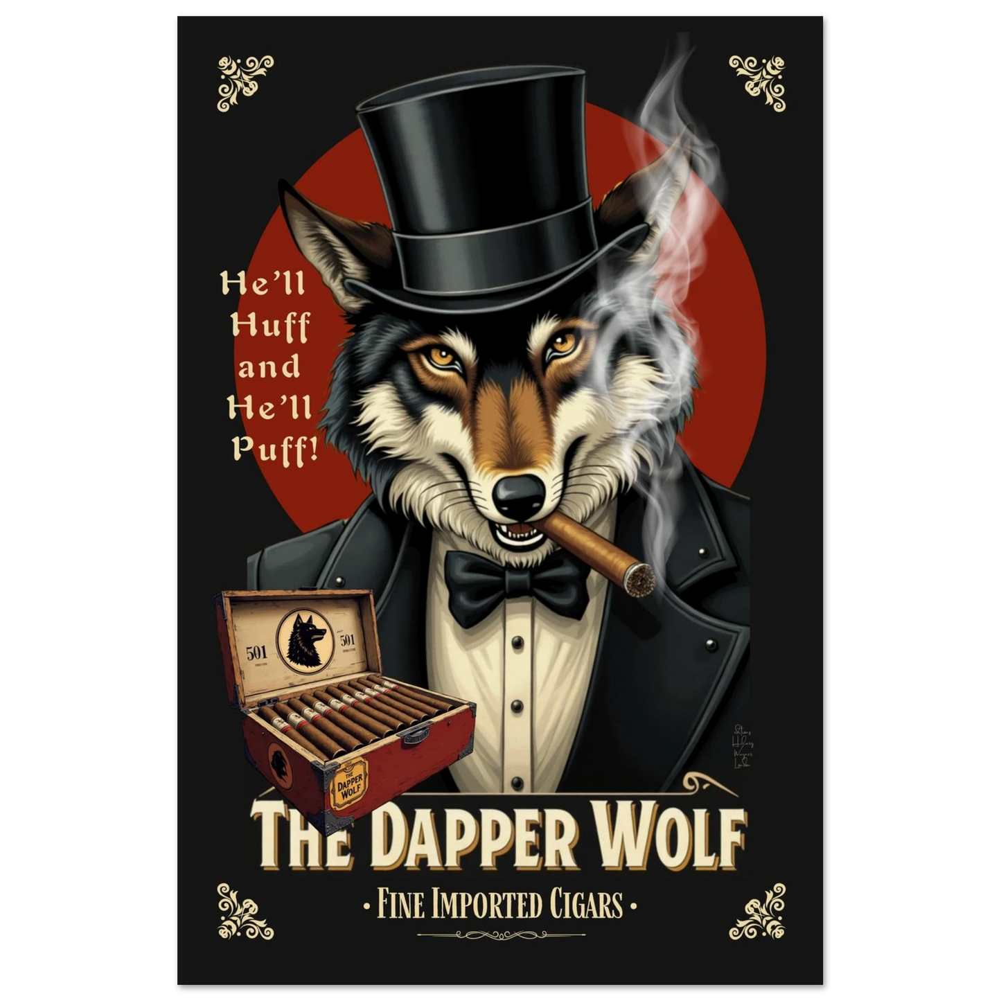 Smoking Wolf Retro Cigar Art Print 40x60 cm 16x24″ Museum-Quality Matte Paper Poster -