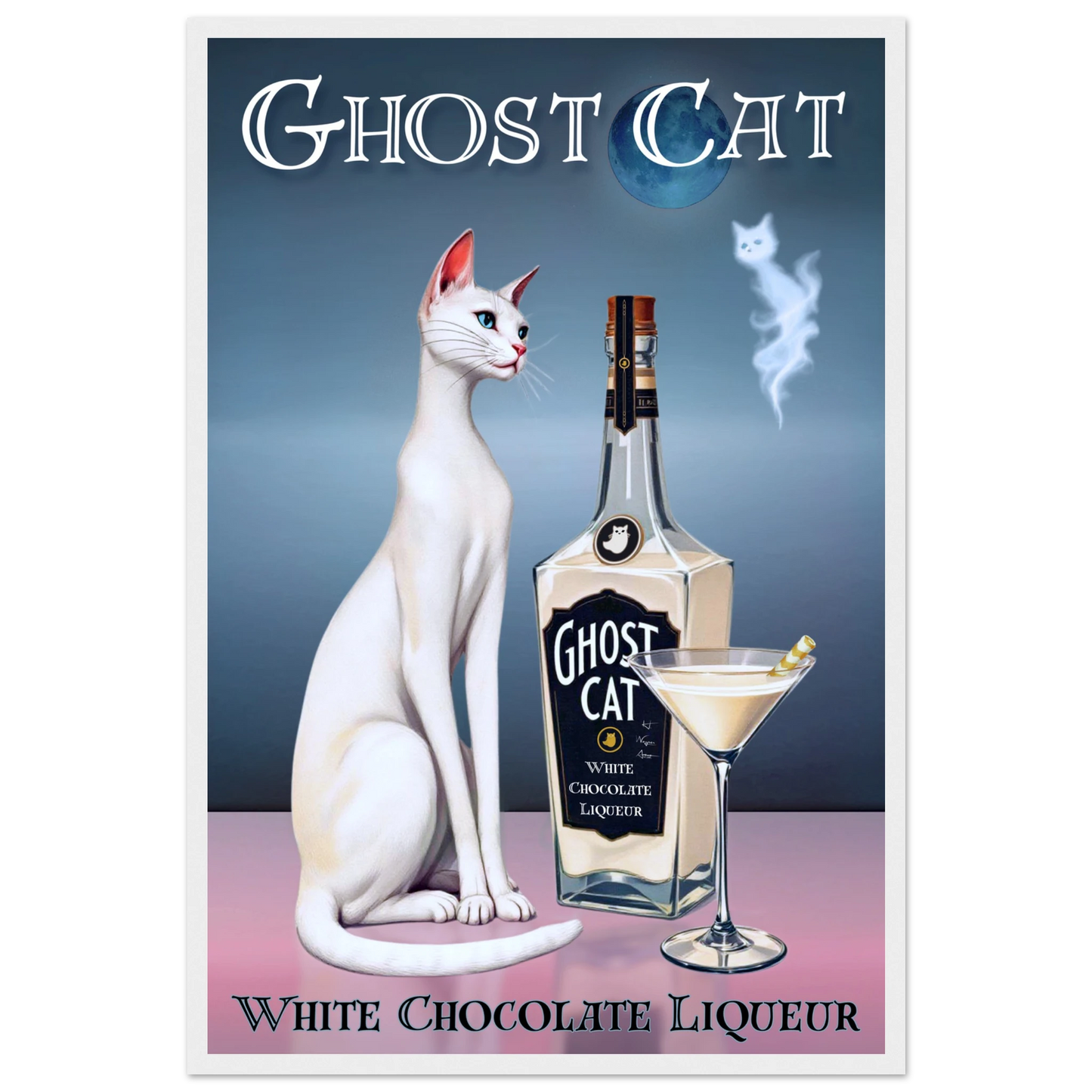 White Cat Martini Cocktail Bar Art Print 40x60 cm 16x24″ Premium Matte Paper Wooden Framed Poster White Wood Frame