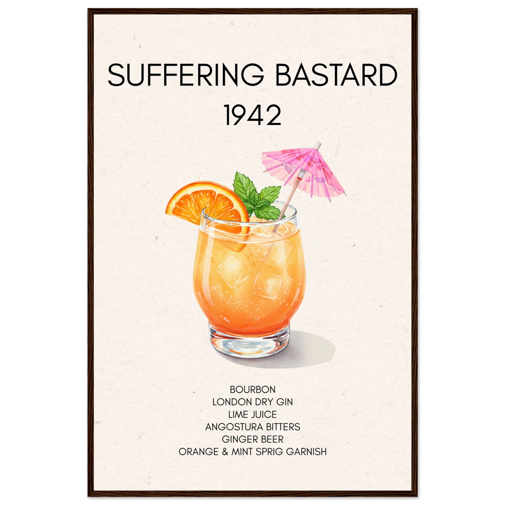 Suffering Bastard Tiki Cocktail Bar Poster Print Dark Brown Wood Frame 60x90 cm 24x36″ Premium Matte Paper Wooden Framed Poster