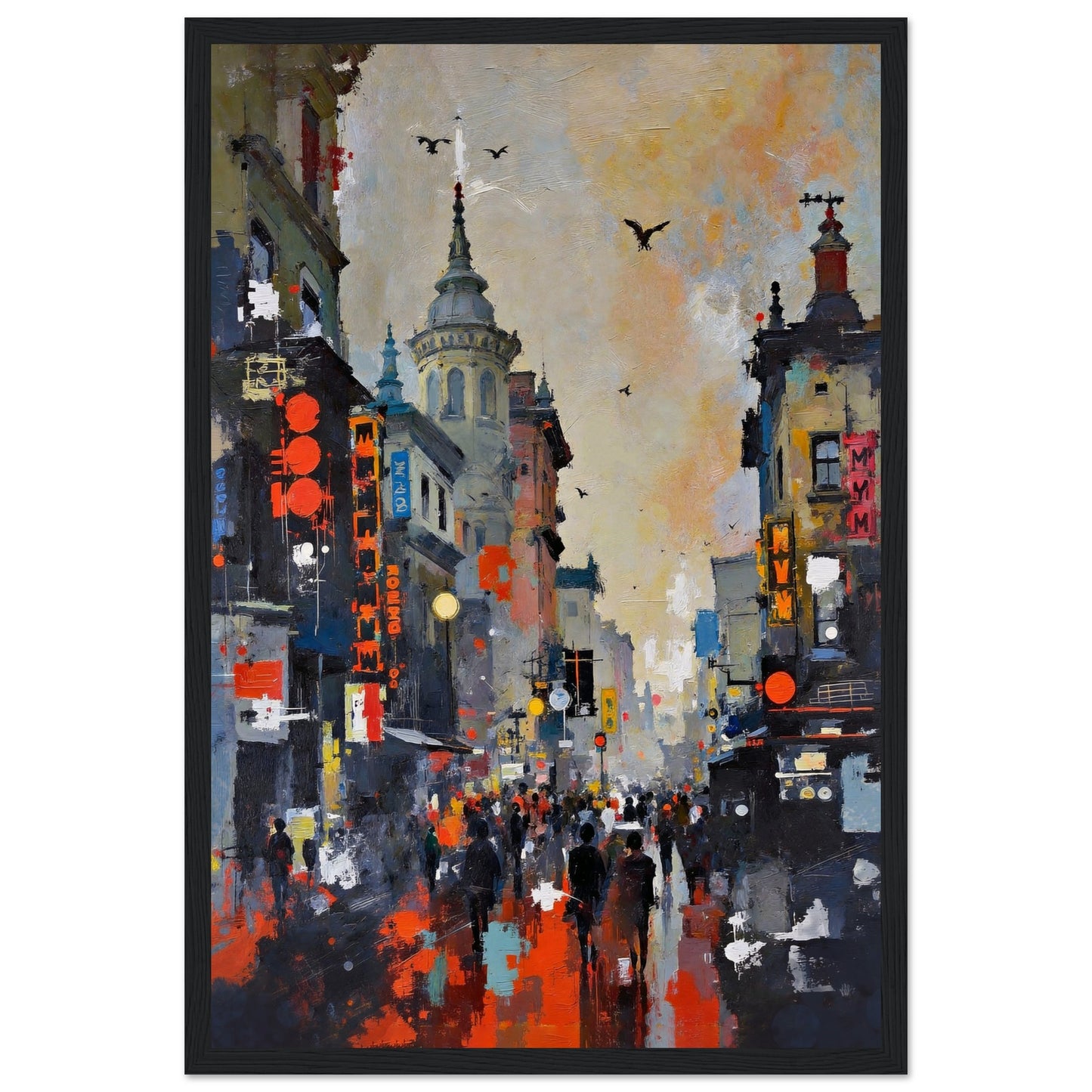 Gothic City Street Art Print - European Cityscape 30x45 cm 12x18″ Museum-Quality Matte Framed Poster - Black Wood