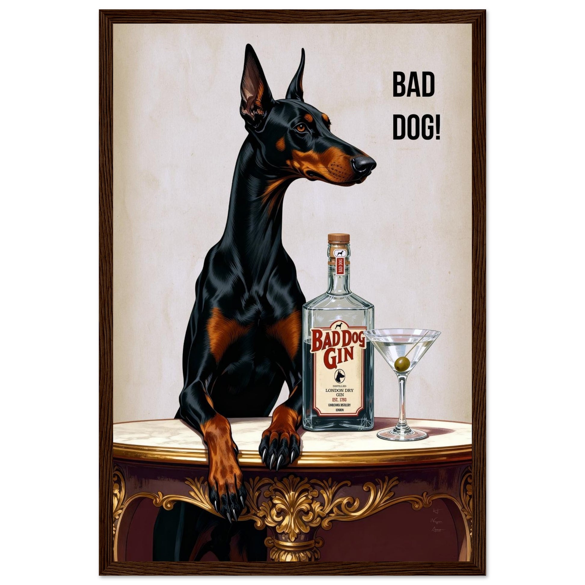 Bad Dog Gin Cocktail Bar Art Print 30x45 cm 12x18″ Classic Matte Framed Poster Dark Brown Wood Frame