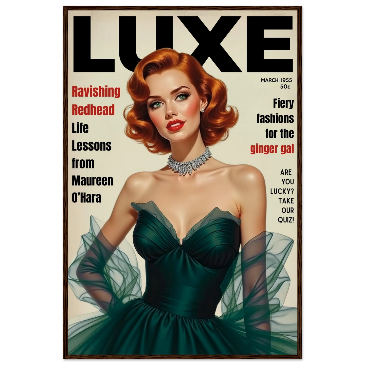 Maureen O'Hara Vintage Fashion Art Poster Print Dark Brown Wood Frame 60x90 cm 24x36″ Premium Matte Paper Wooden Framed Poster