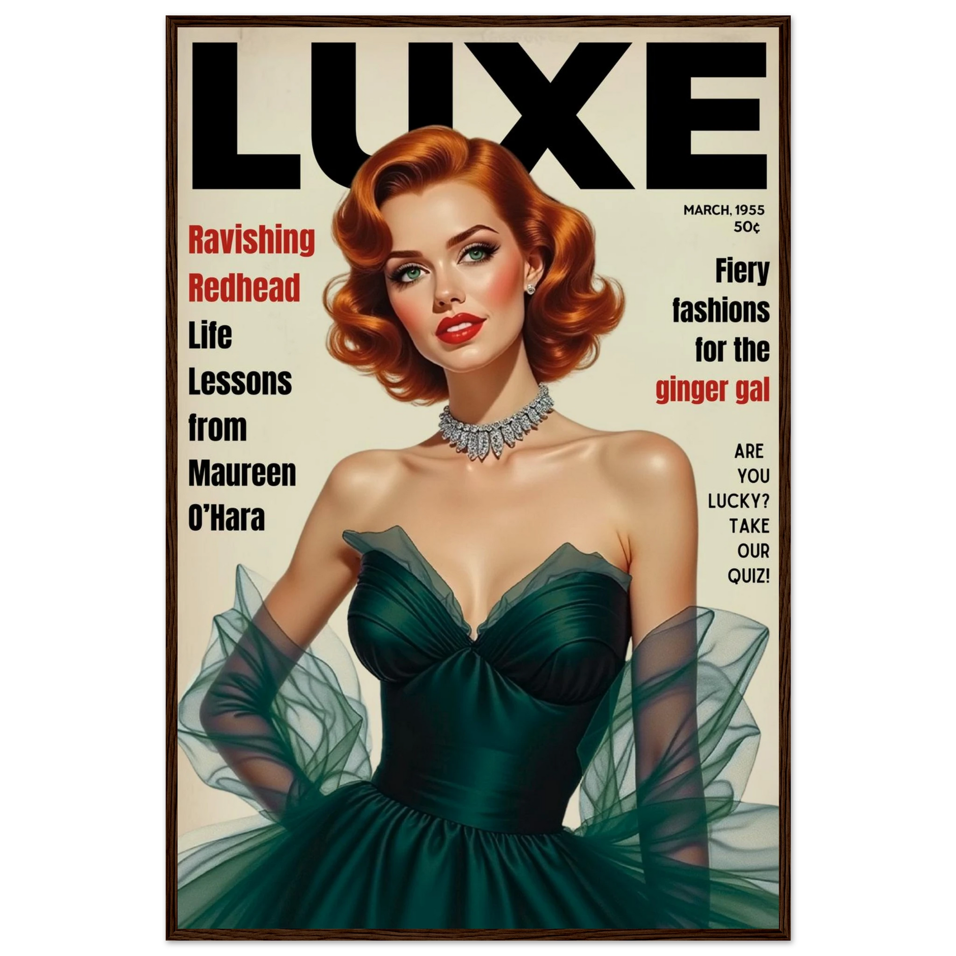Maureen O'Hara Vintage Fashion Art Poster Print Dark Brown Wood Frame 60x90 cm 24x36″ Premium Matte Paper Wooden Framed Poster