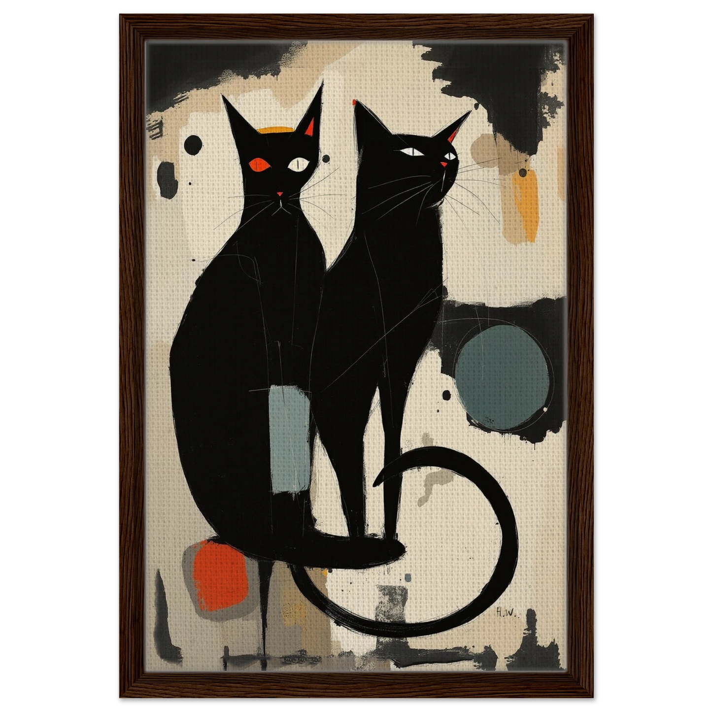 Abstract Crazy Cat Duo Art Print Dark Brown Wood Frame 40x60 cm 16x24″ Framed Canvas