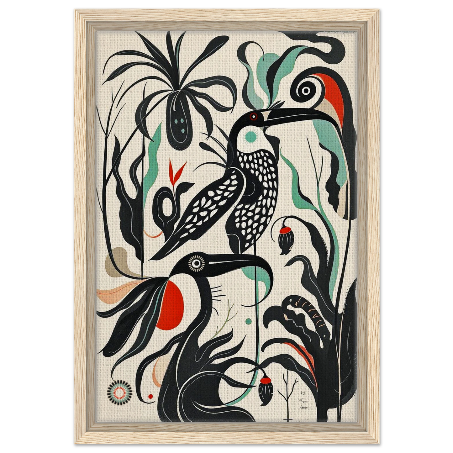 Mid-Century Modern Tropical Bird Art Print Light Wood Frame 30x45 cm 12x18″ Framed Canvas