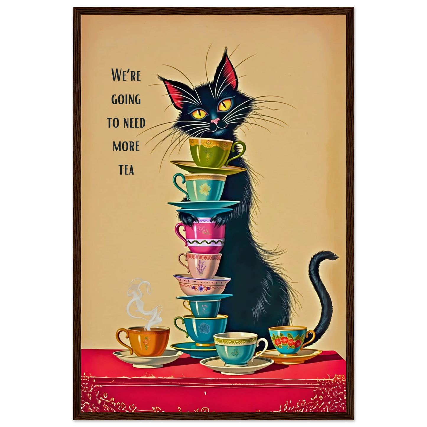 Quirky Cat Funny Tea Art Print 40x60 cm 16x24″ Museum-Quality Matte Paper Wooden Framed Poster Dark Brown Wood Frame