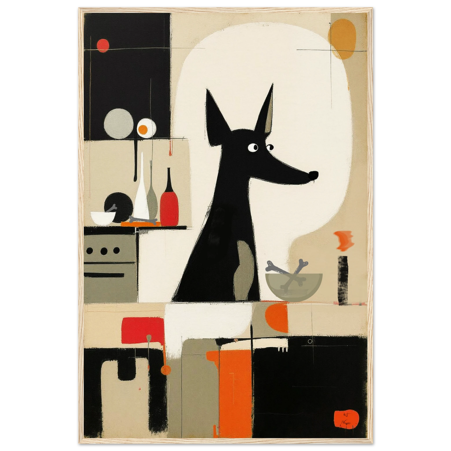 Modern Quirky Abstract Dog Art Print Light Wood Frame 60x90 cm 24x36″ Museum-Quality Matte Paper Wooden Framed Poster