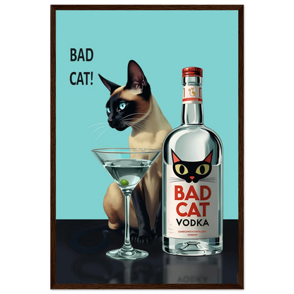 Siamese Cat Retro Martini Cocktail Bar Art Print Black Wood Frame 60x90 cm 24x36″ Framed Canvas